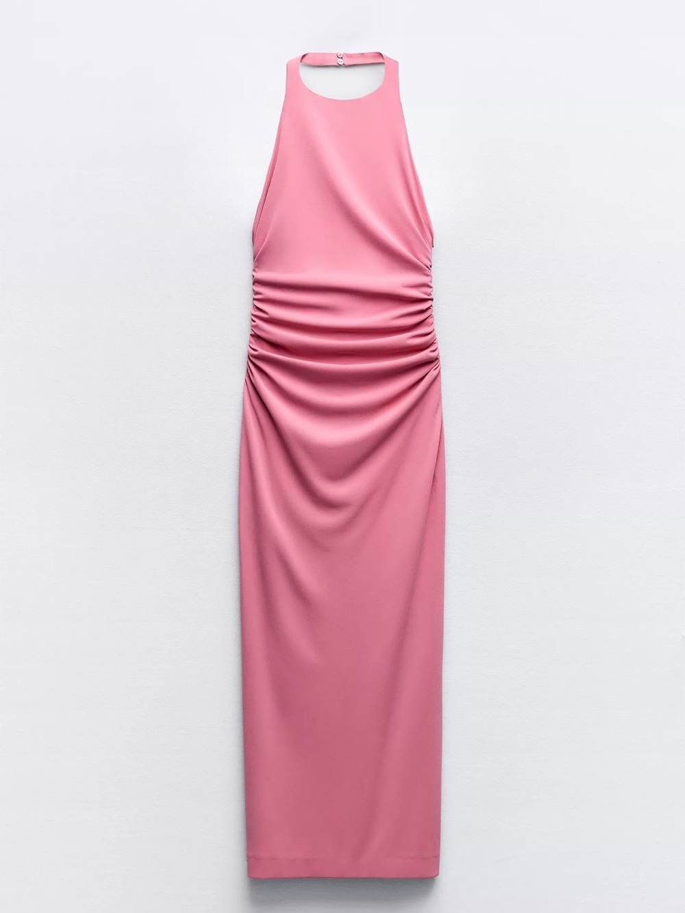 Zara Rose-Pink Halter Ruched Maxi Dress